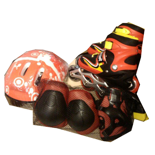 Раздвижные ролики с защитой и шлемом (свет), желто-красные, р. 30-33