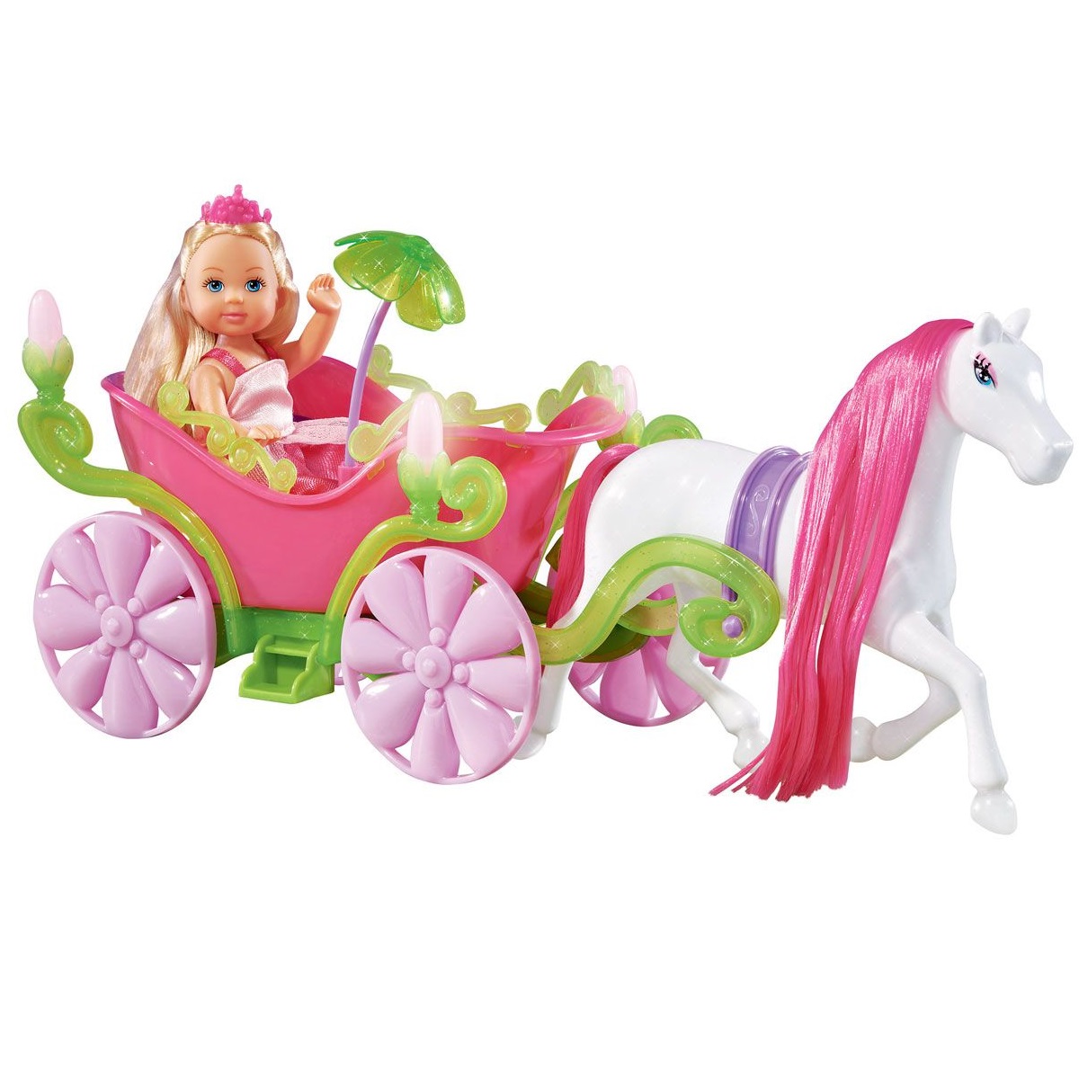 Кукла Еви в салатово-розовой карете с лошадью (свет), 12 см