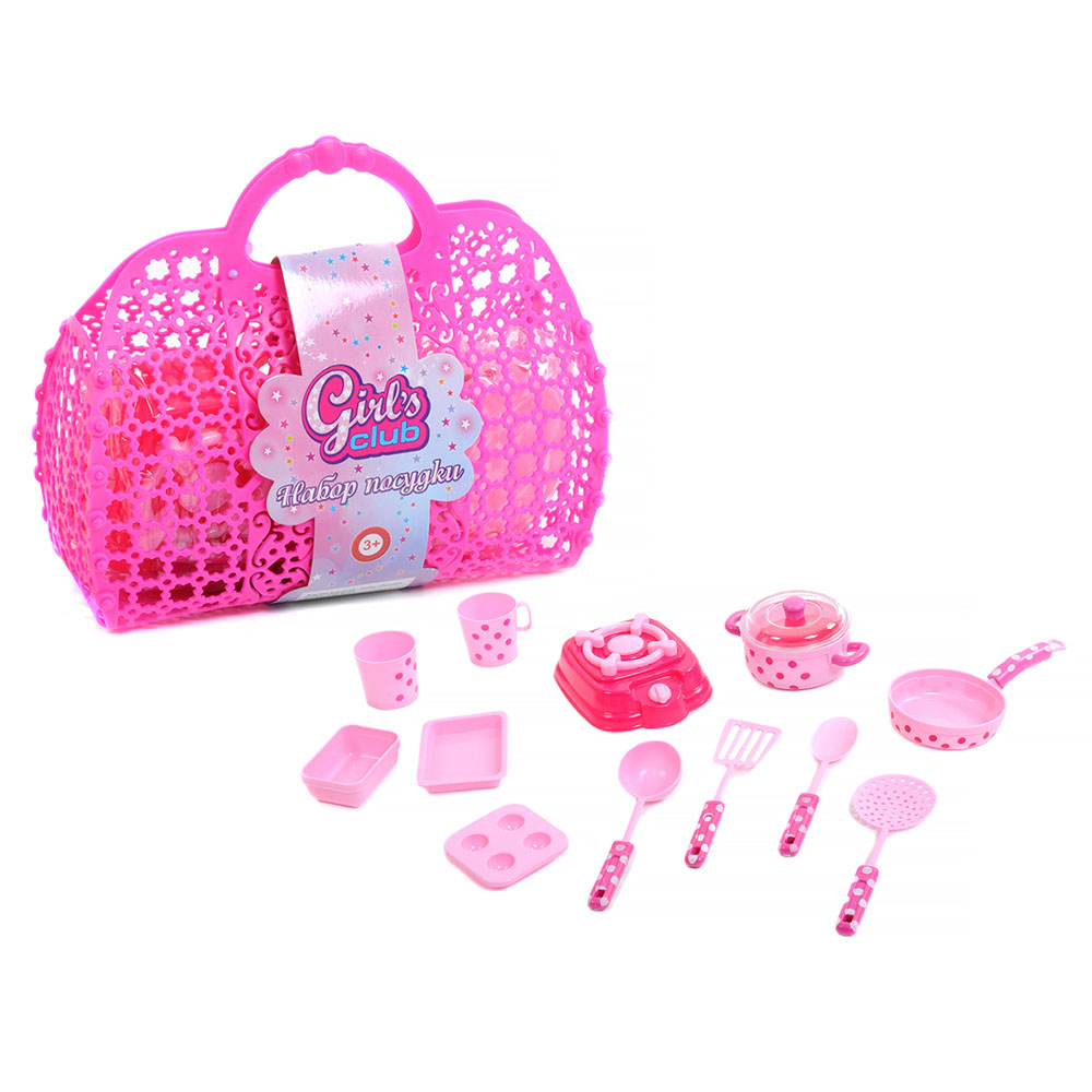 Игровой набор посуды в корзинке, розовый, 12 предметов
