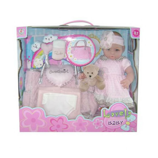 Пупс Lovely Baby с мягкой игрушкой и аксессуарами, в светло-розовом платье