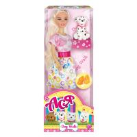 Кукла "Ася" - Блондинка в розово-белом платье на прогулка со щенком, 28 см